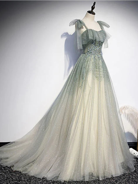 Grüne Tüllträger A-Linie Perlen langes Ballkleid, grünes Abendpartykleid