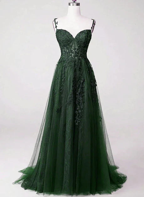 Vintage/chic green strap sleeveless backless sheer paired with lace party dress, A-shaped sweet rhinestone lace floral and floor prom dress