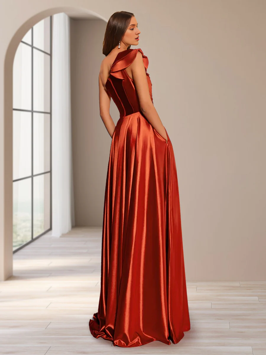 A-line/princess one shoulder sleeveless and floor length pleated side slits for even gods