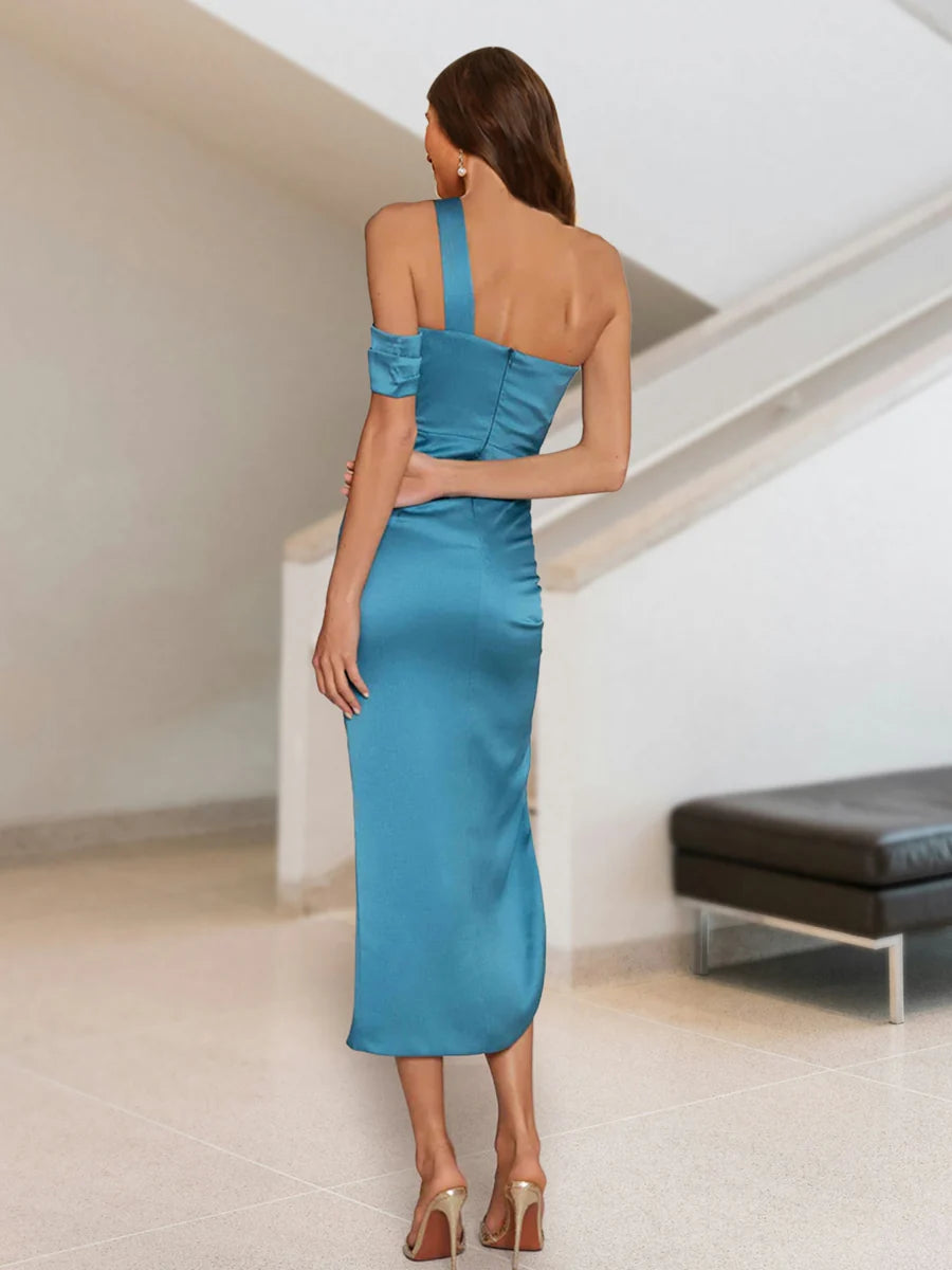 Robes de soirée longues plissées moulantes/à épaules droites pour femmes