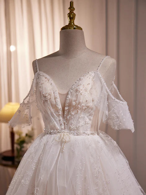 A-line ivory princess shoulder strap short sleeved short sleeved sheer long wedding dress party dress, ivory pearl sequin sheer and floor prom dress