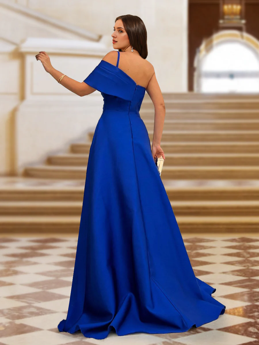 A-line/princess shoulder strap with pleated side slits and ground length godons evening dresses