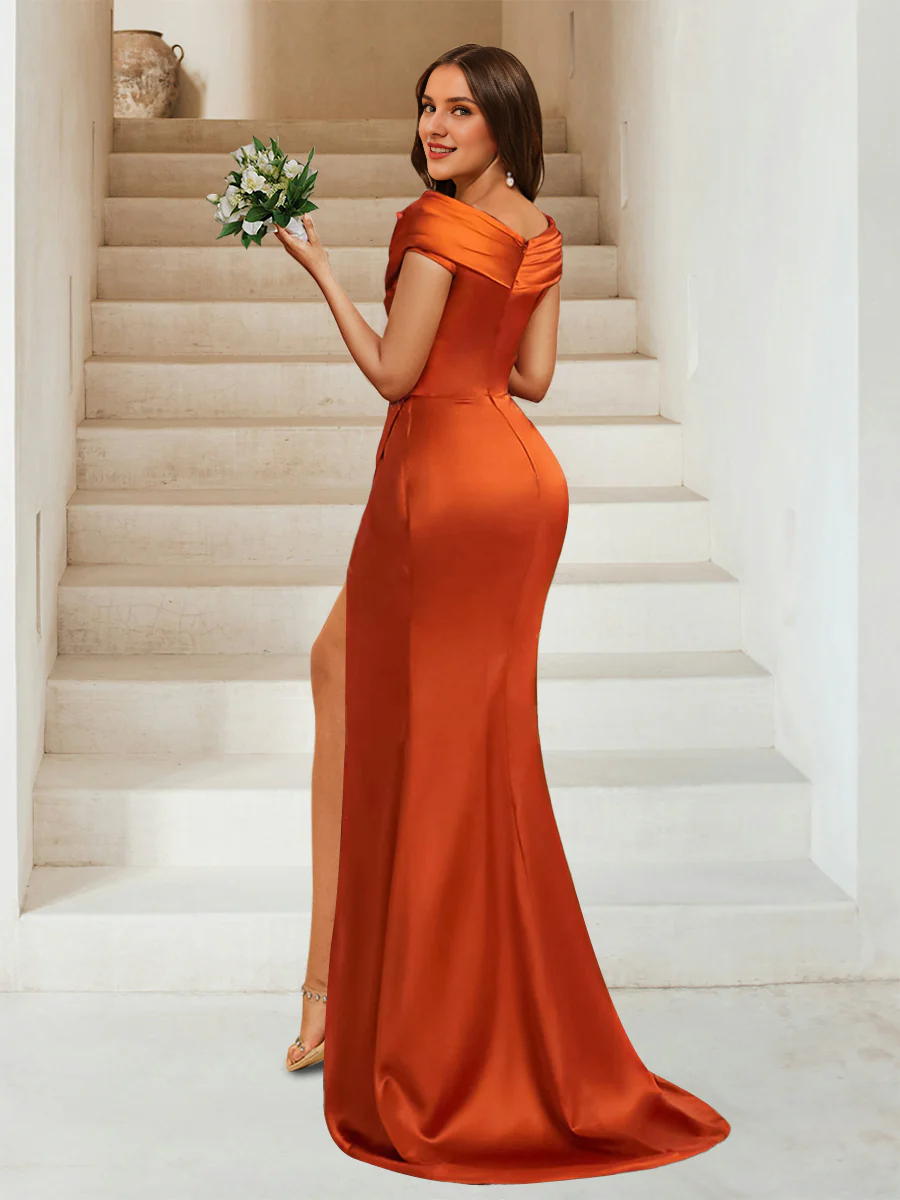 A-line/princess spoon with slit ruffled edges and floor length gown evening dresses