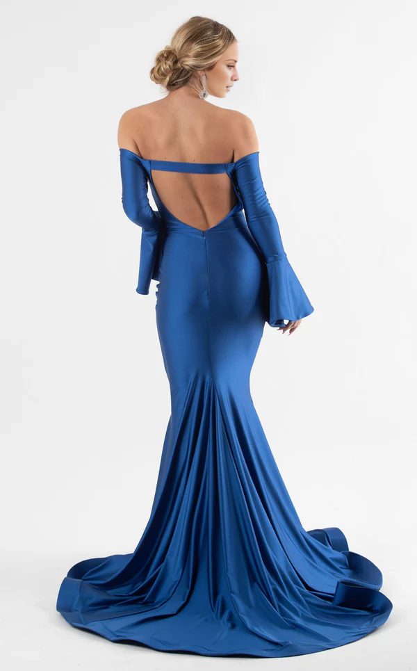 Meerjungfrau-Abendkleid mit schulterfreiem Kragen, ausgestellten Ärmeln und bodenlanger Länge
