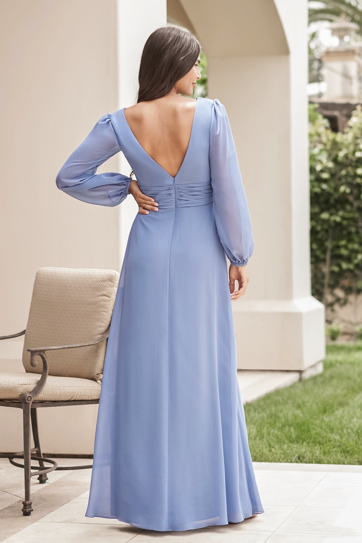 Robe de bal Yidibang à col en V, manches longues, dos nu, fente latérale et longueur au sol