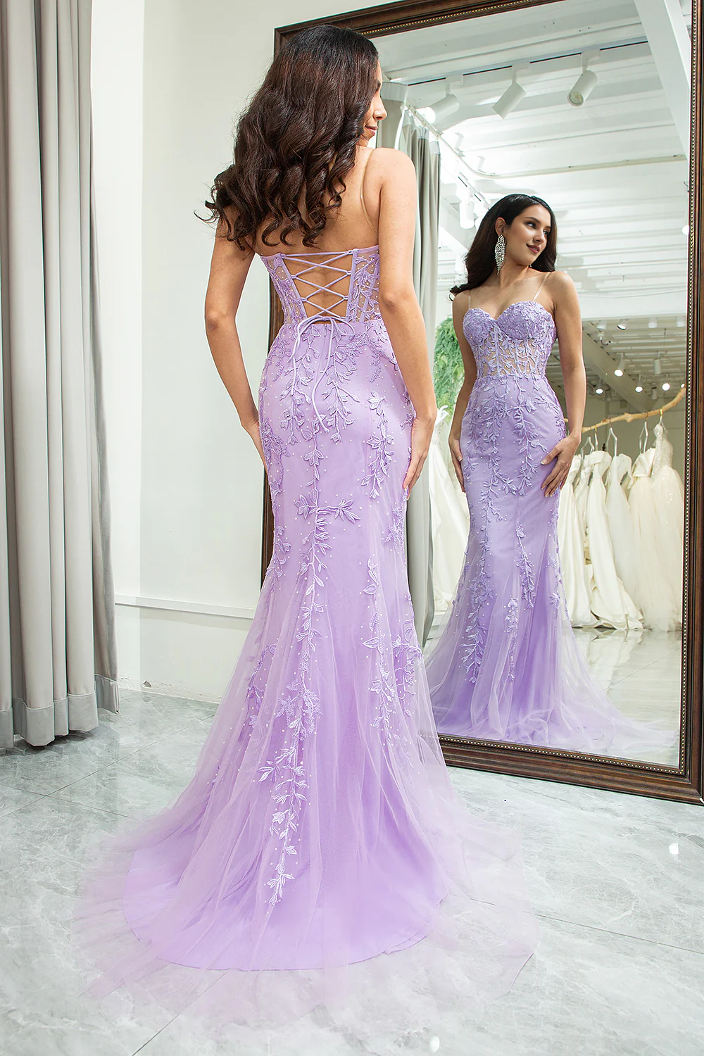 Lila Meerjungfrau Sweetheart Perlen enge Korsett lange Applikation Ballkleid