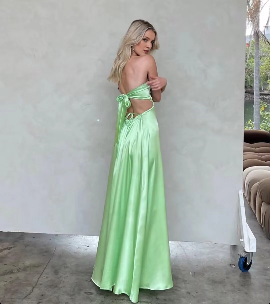 A-line strapless backless green and floor length godons evening dresses