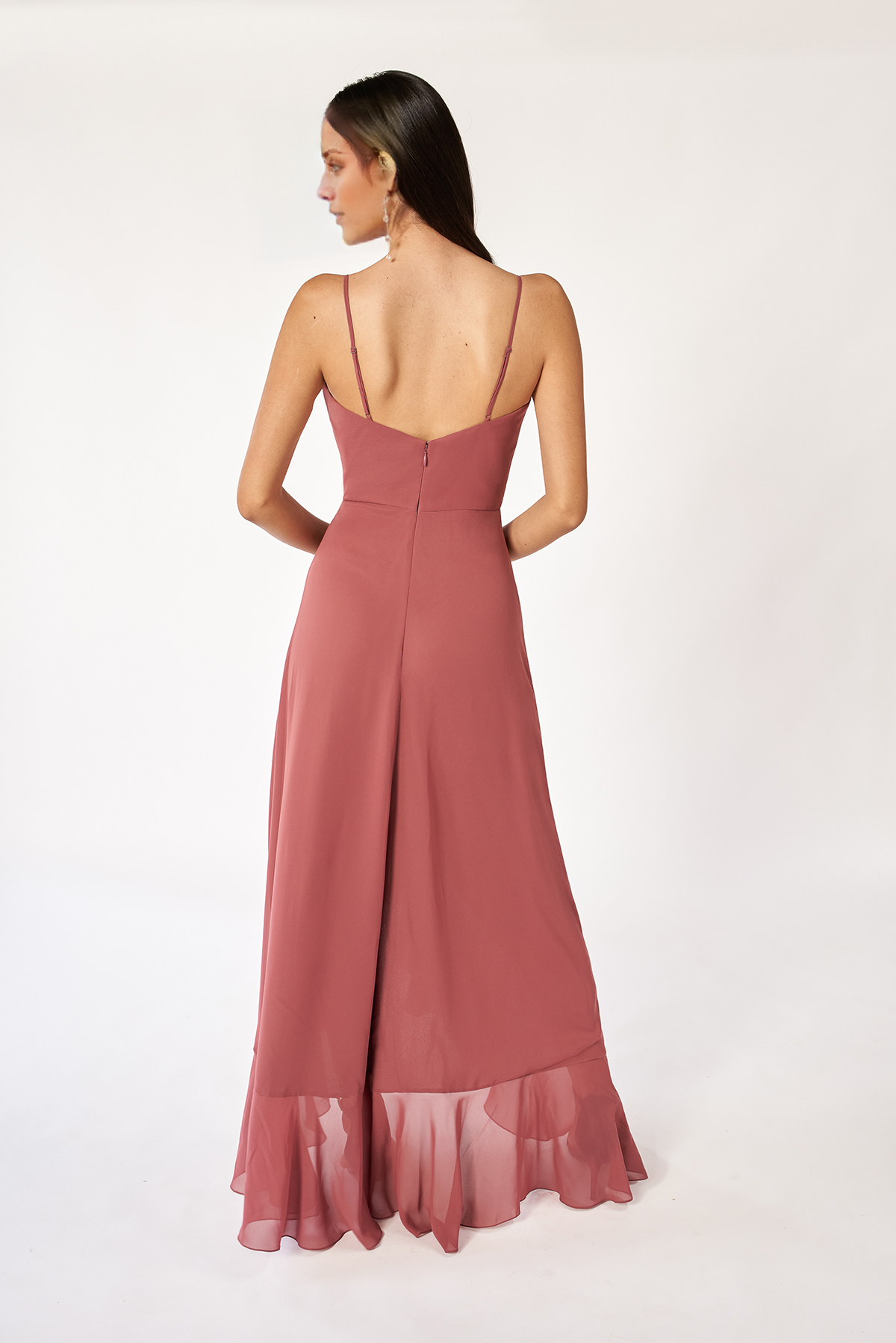 Robe de soirée longue à encolure en V et épaules dénudées, sans manches, fines bretelles, fente dans le dos