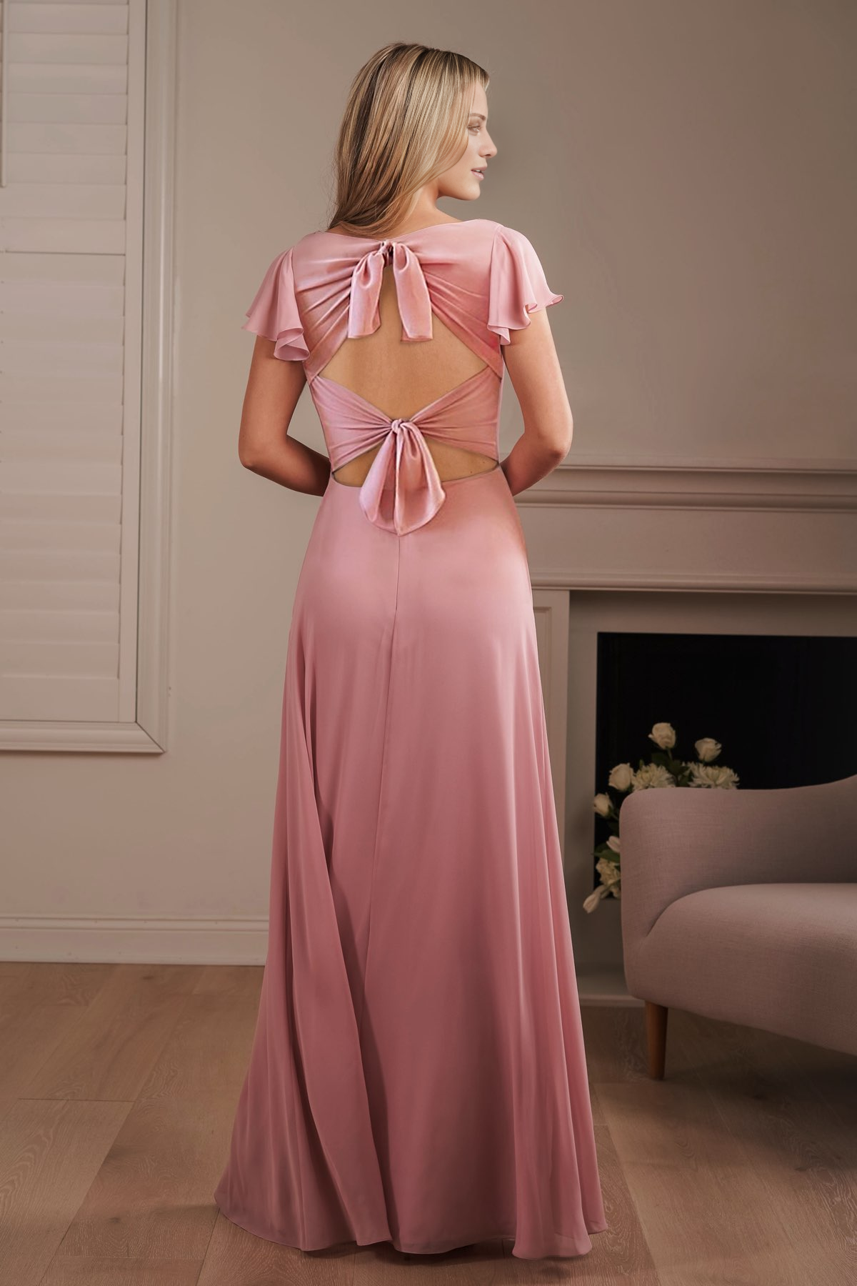 Robe de bal Yidibang à col foulard, manches courtes, dos nu, fente latérale et longueur au sol