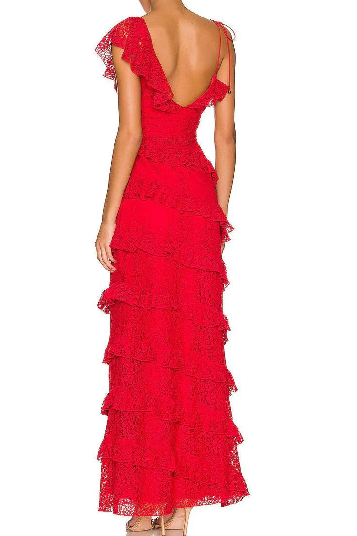 Langes Ballkleid aus roter Spitze, mehrlagiges Abendkleid, Abschlusskleid