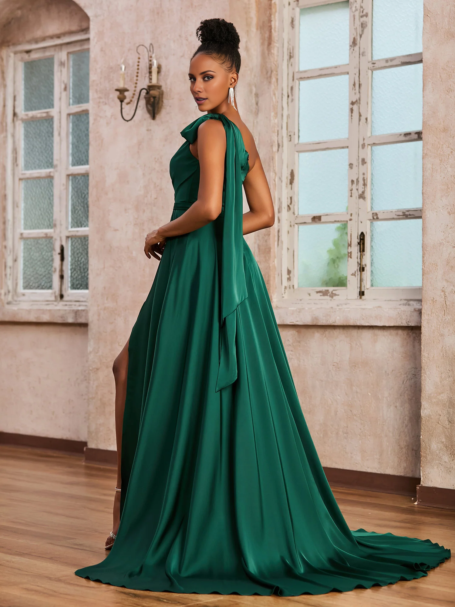 A-line long dress with wrinkles on one shoulder - yidibang dress