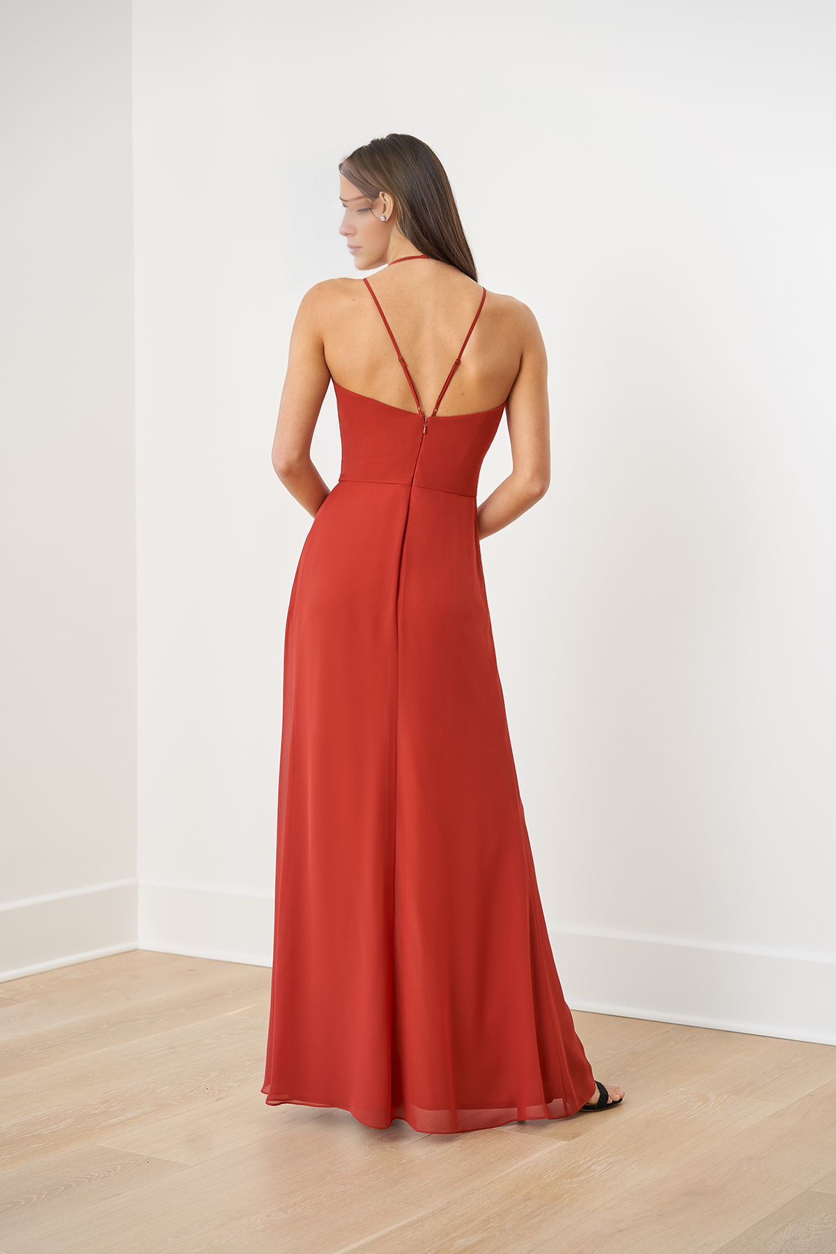 Robe de soirée longue à col en V et épaules dénudées, sans manches, fines bretelles, dos nu, fente latérale