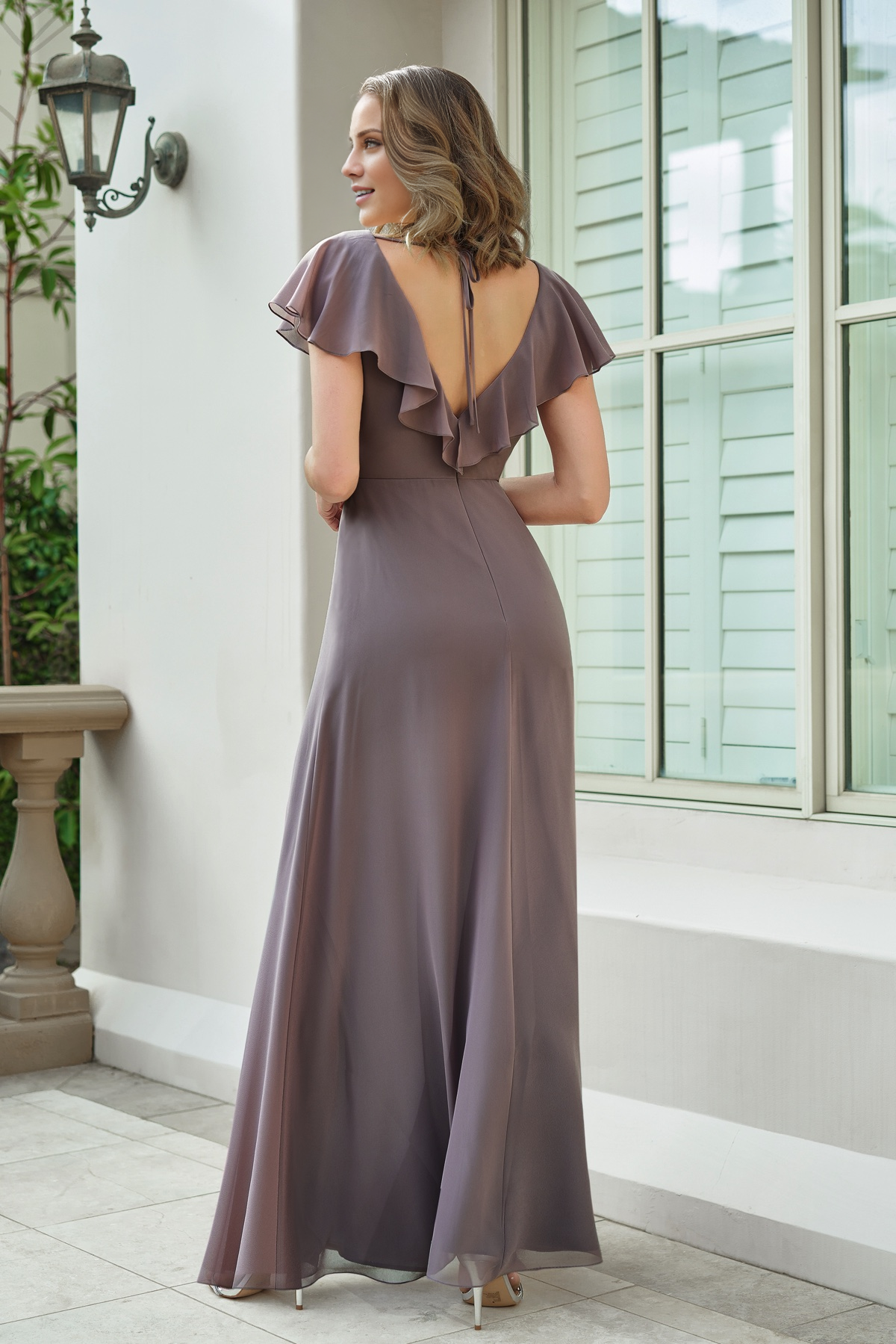 Robe de bal Yidibang à col en V, manches courtes, dos nu, fente et longueur au sol