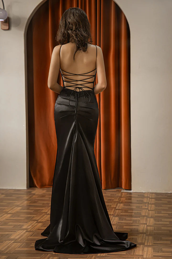 Tailored embroidery black side slit and floor length evening gown