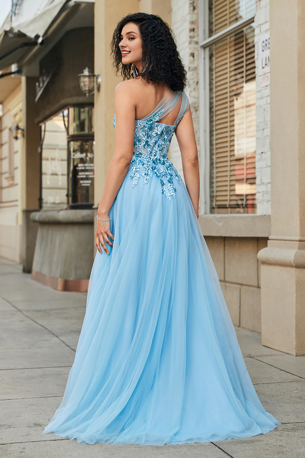 A-line one shoulder sequin light blue decal long ball gown