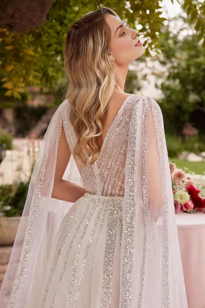 A-line layered chiffon deep V-neck sequined wedding dress