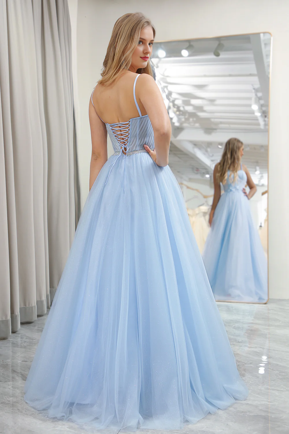 Light blue A-line shiny chiffon tight corset ball dress