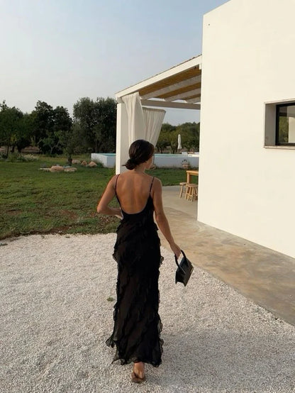 Thin shoulder strap black tight fit lotus leaf side length design godons evening dresses