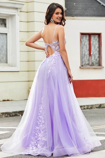 Gorgeous lilac A-line thin shoulder strap sheer long applique dance dress