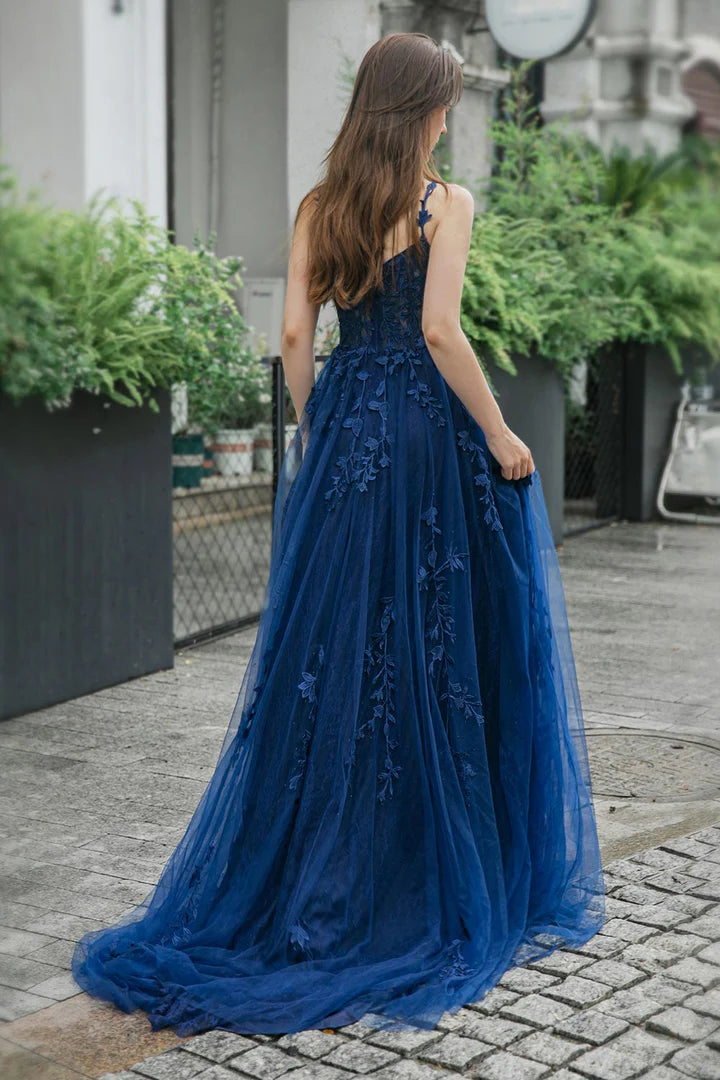 A-line slit chiffon decal and ground length gown evening dresses