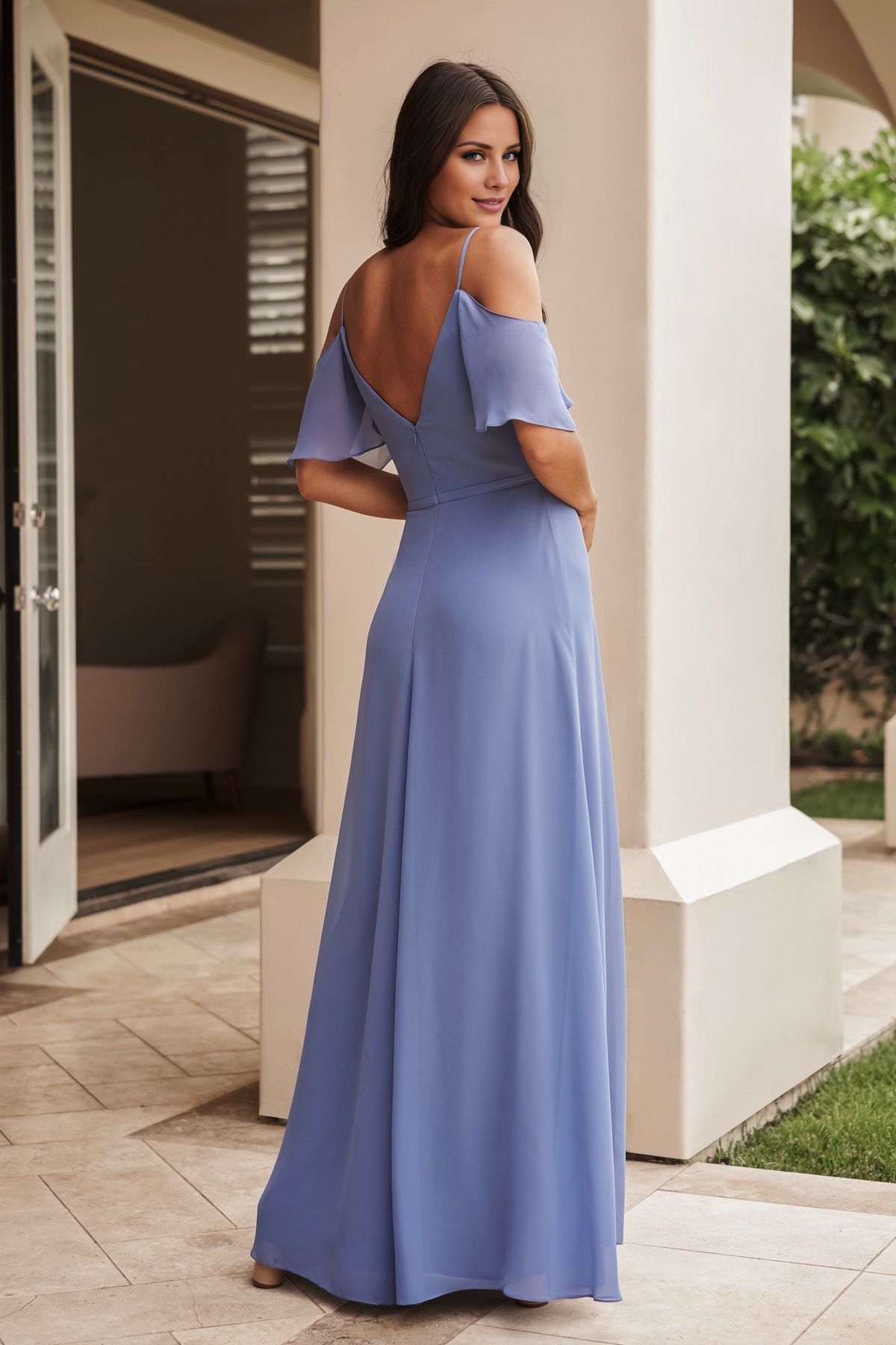 Robe de bal Yidibang à décolleté en V et épaules dénudées, sans manches, fines bretelles, dos nu et longueur au sol