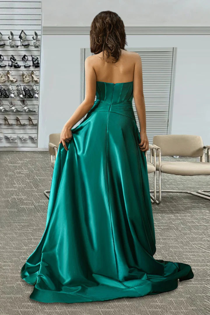 Robe de soirée bustier fendue sur le côté et longue au sol, vert foncé
