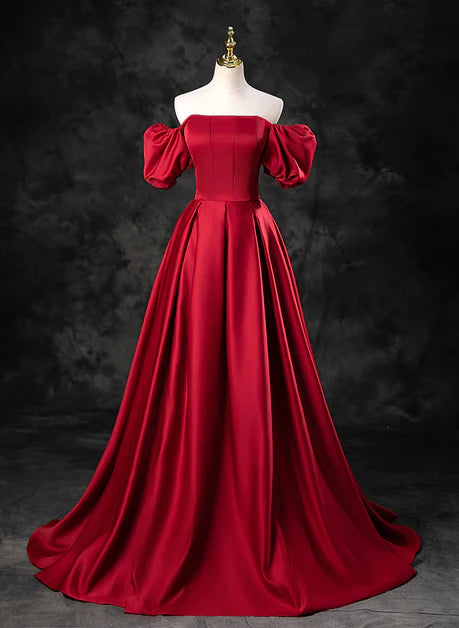 Robe de bal longue à manches courtes en satin rouge élégant, robe de soirée longue à manches courtes et col carré rouge