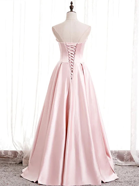 Trägerloses A-Linien-Ballkleid aus rosa Satin, langes Partykleid aus rosa Satin