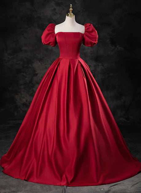 Robe de bal longue à manches courtes en satin rouge élégant, robe de soirée longue à manches courtes et col carré rouge