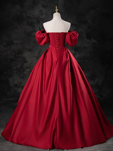 Robe de bal longue à manches courtes en satin rouge élégant, robe de soirée longue à manches courtes et col carré rouge