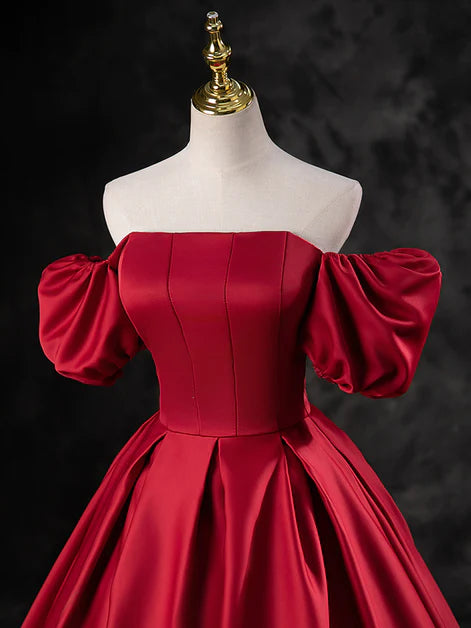 Robe de bal longue à manches courtes en satin rouge élégant, robe de soirée longue à manches courtes et col carré rouge