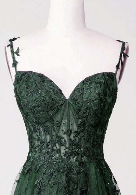 Vintage/chic green strap sleeveless backless sheer paired with lace party dress, A-shaped sweet rhinestone lace floral and floor prom dress