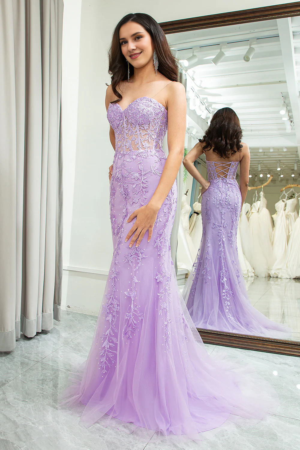 Lila Meerjungfrau Sweetheart Perlen enge Korsett lange Applikation Ballkleid