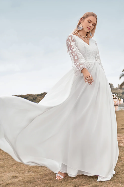 A-line trailing long sleeved lace chiffon bohemian wedding dress