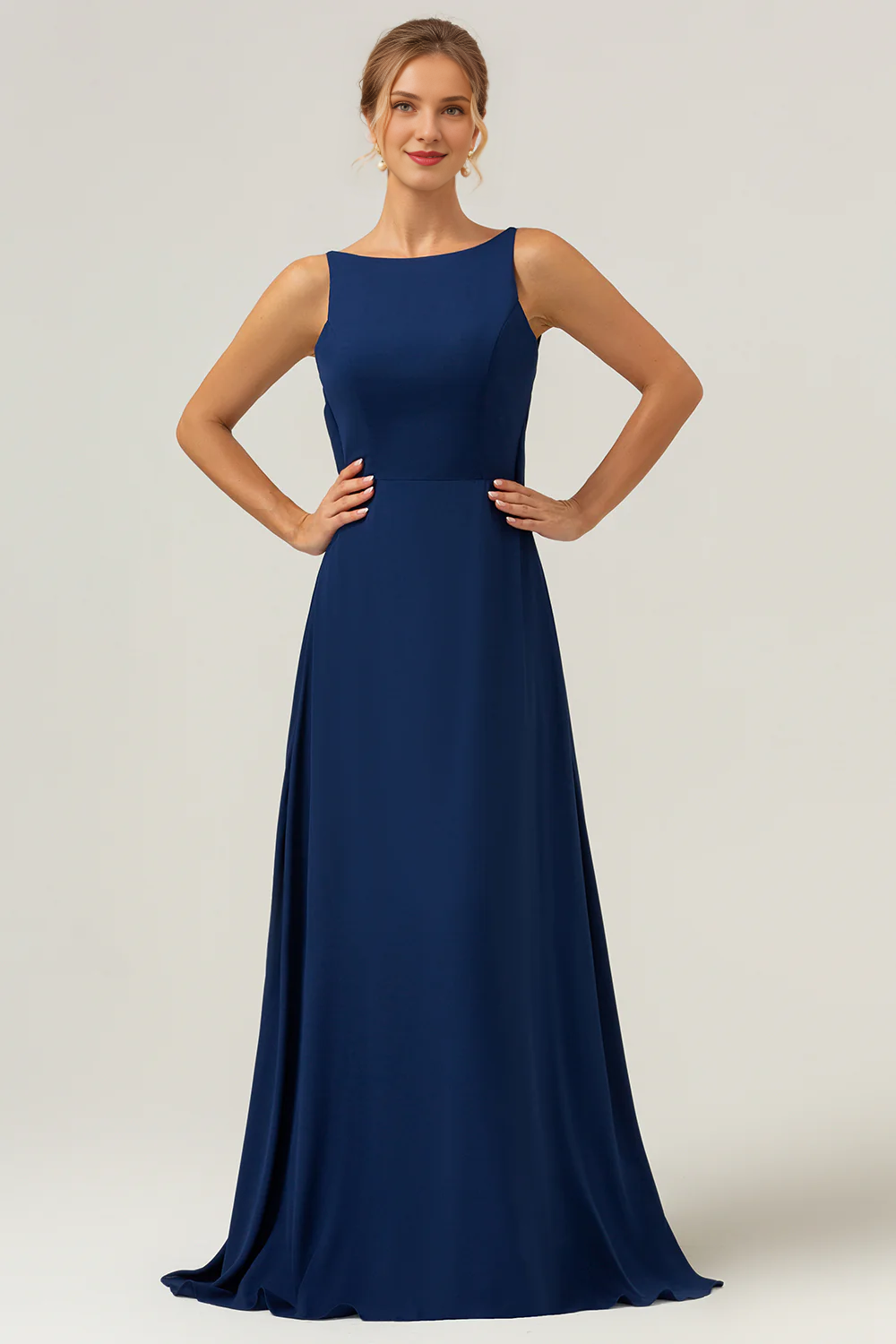 Fish tail backless long chiffon navy blue sleeveless bridesmaid dress