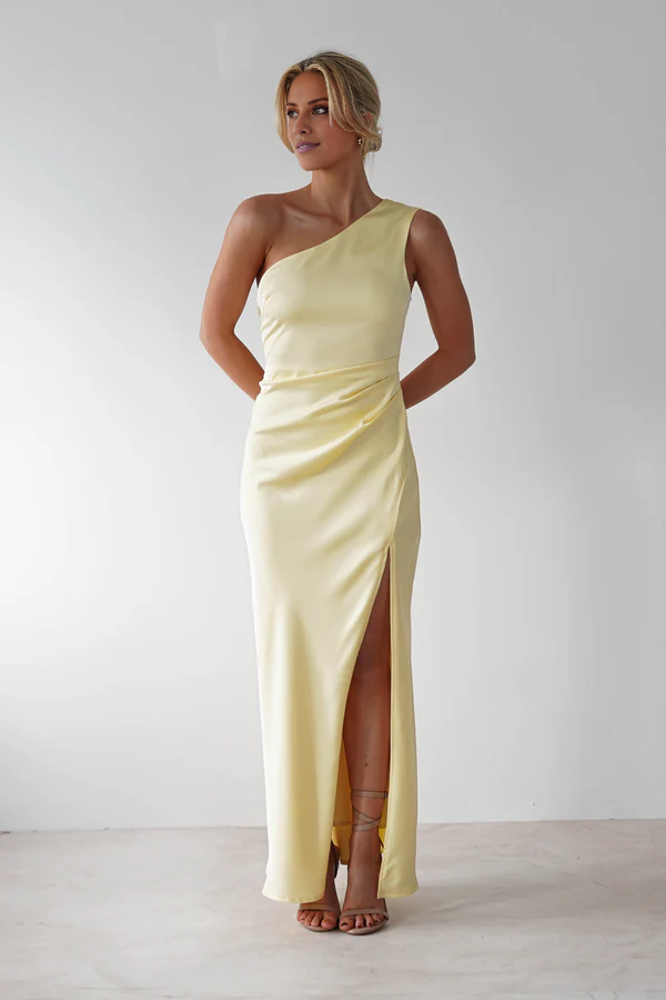 Yidibang asymmetrical collar off shoulder sleeveless backless side slit and floor length evening dress