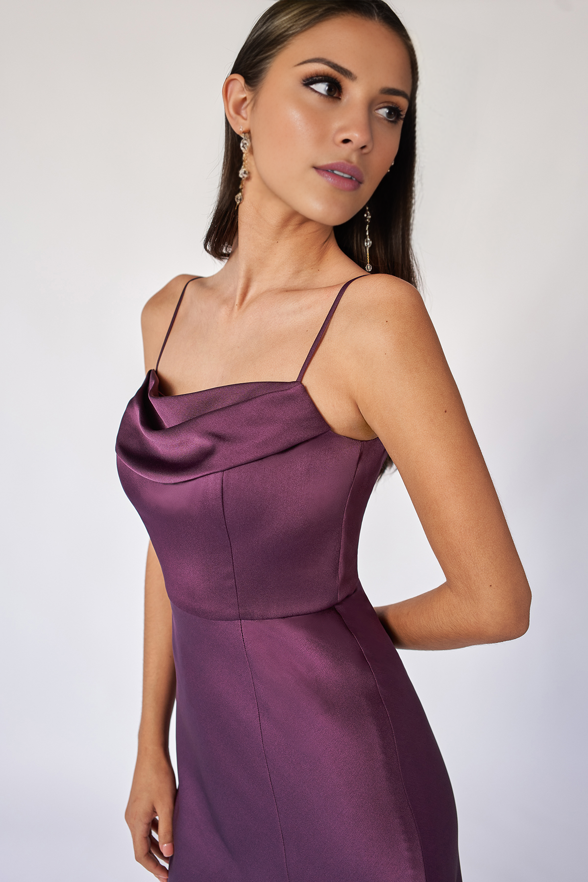 Yidibang Cowl collar off shoulder sleeveless thin shoulder strap open back side slit and floor length evening dress