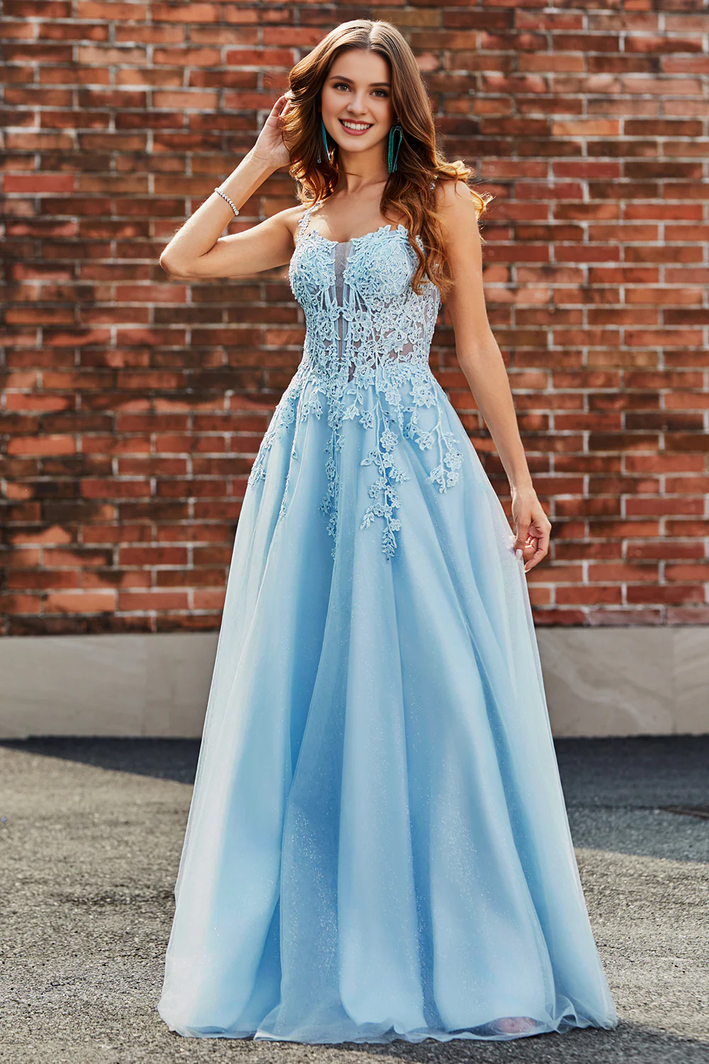 Hellblaues A-Linien-Tanzkleid mit schmalen Trägern und engem Korsett