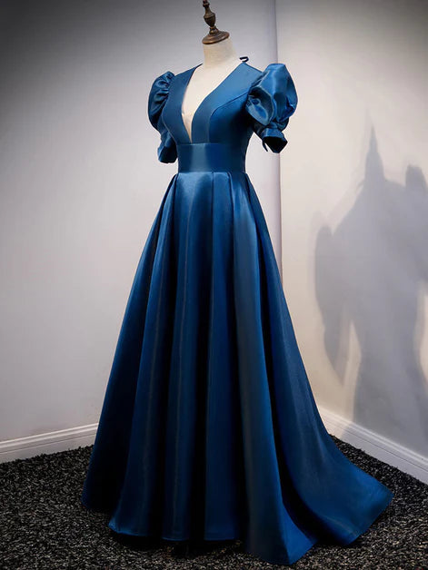 Robe de bal longue en satin bleu à manches courtes, robe de soirée bleue