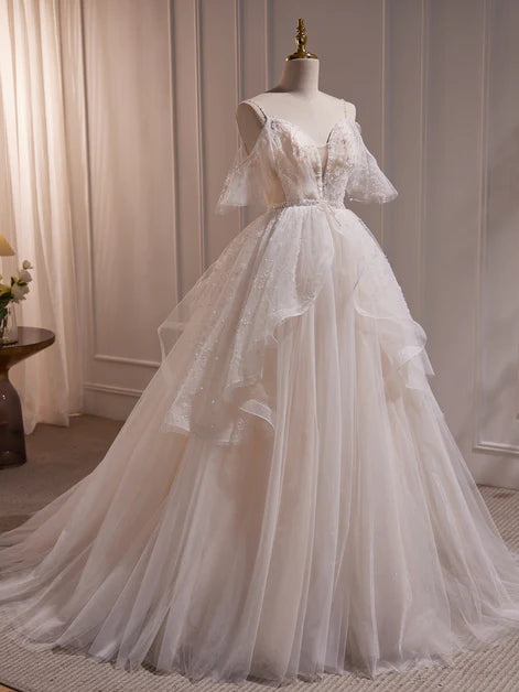 A-line ivory princess shoulder strap short sleeved short sleeved sheer long wedding dress party dress, ivory pearl sequin sheer and floor prom dress