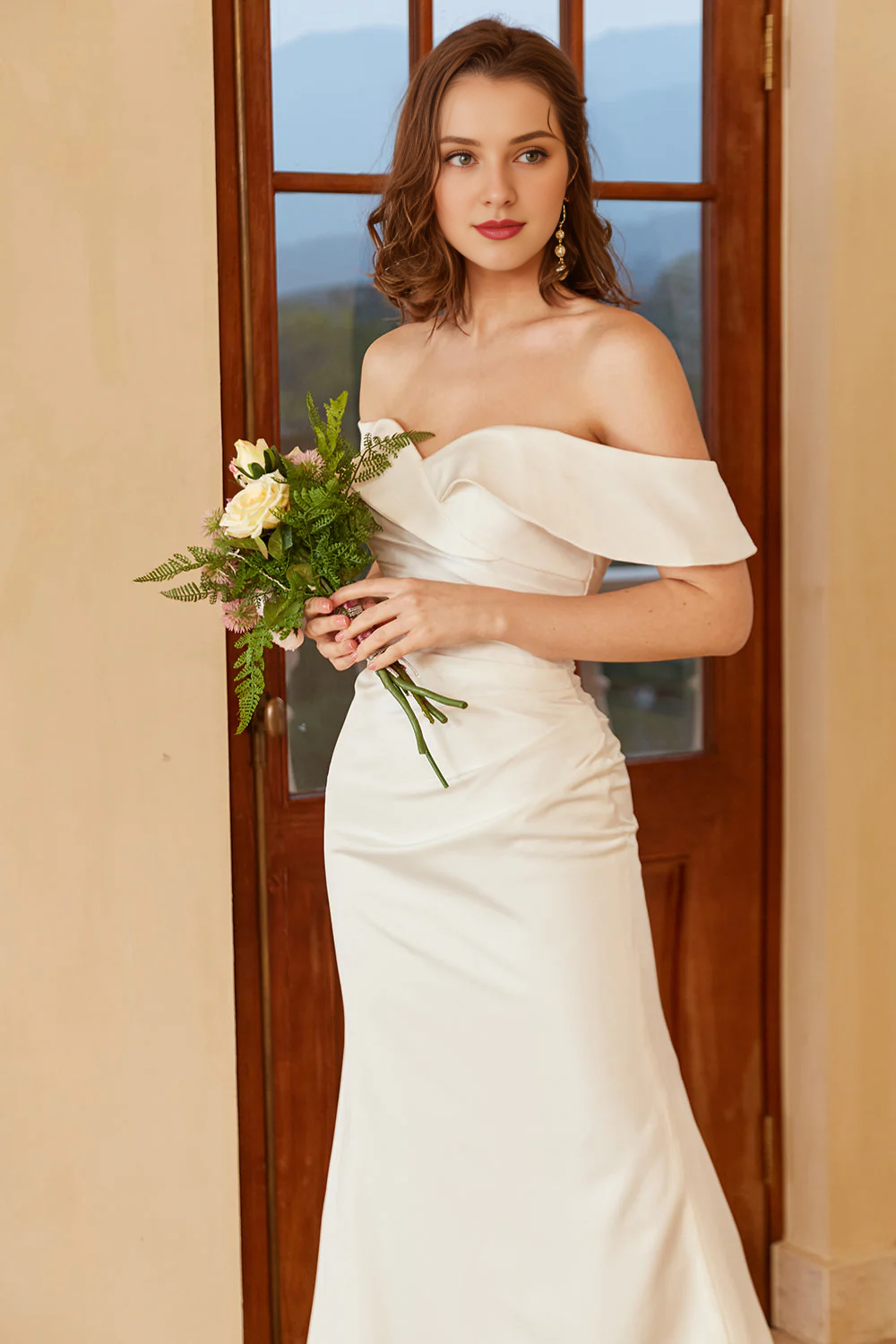 Simple white mermaid off shoulder and bohemian wedding dress