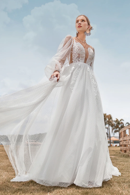 A-link V-neck palace trailing chiffon long sleeved wedding dress