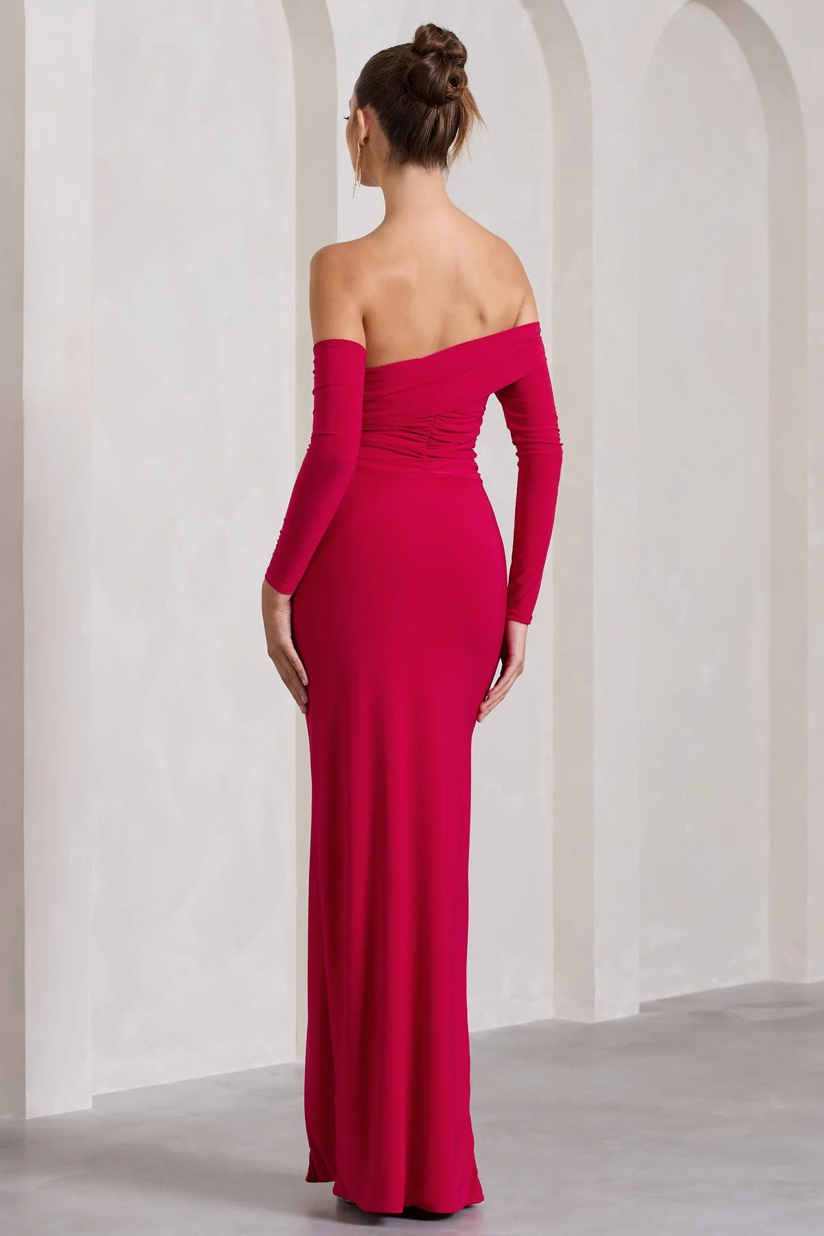 Yididbang off shoulder collar long sleeved backless side slit and floor length Prom dress