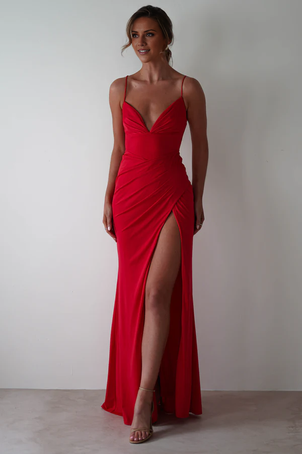 Robe de bal Yidibang à col en V, épaules dénudées, sans manches, fines bretelles, dos nu, fente latérale et longueur au sol