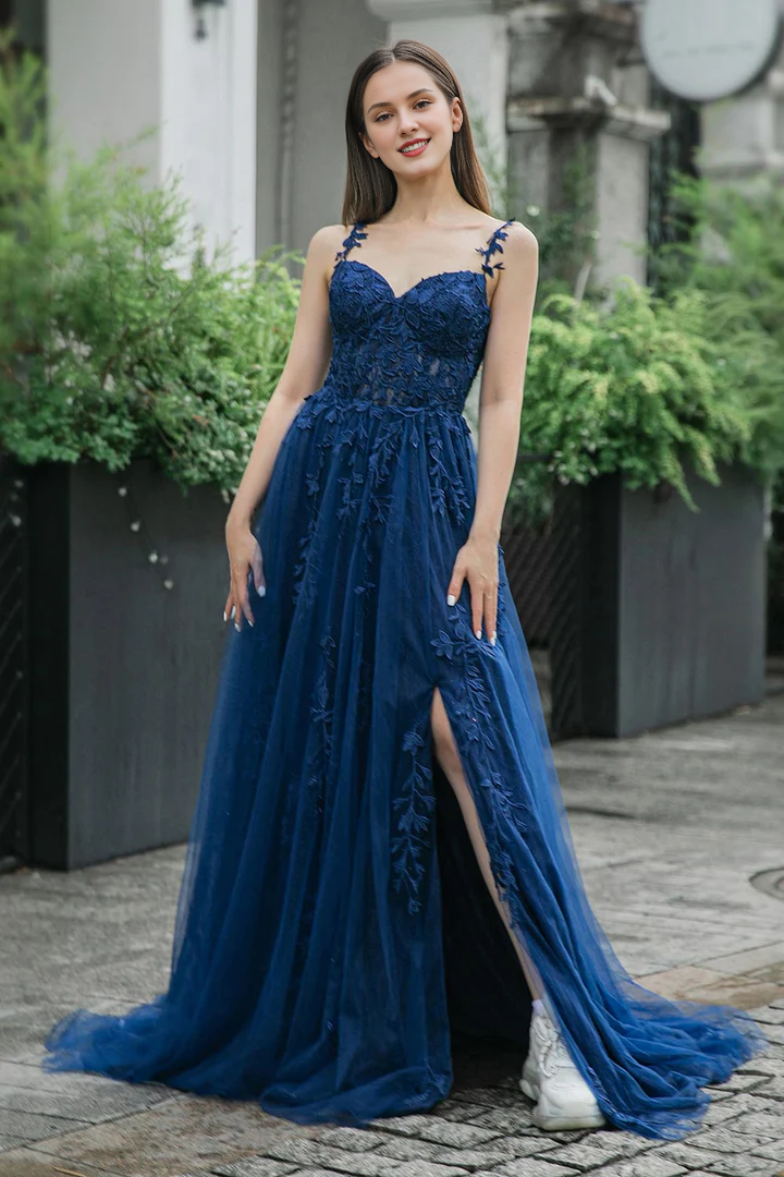 A-line slit chiffon decal and ground length gown evening dresses