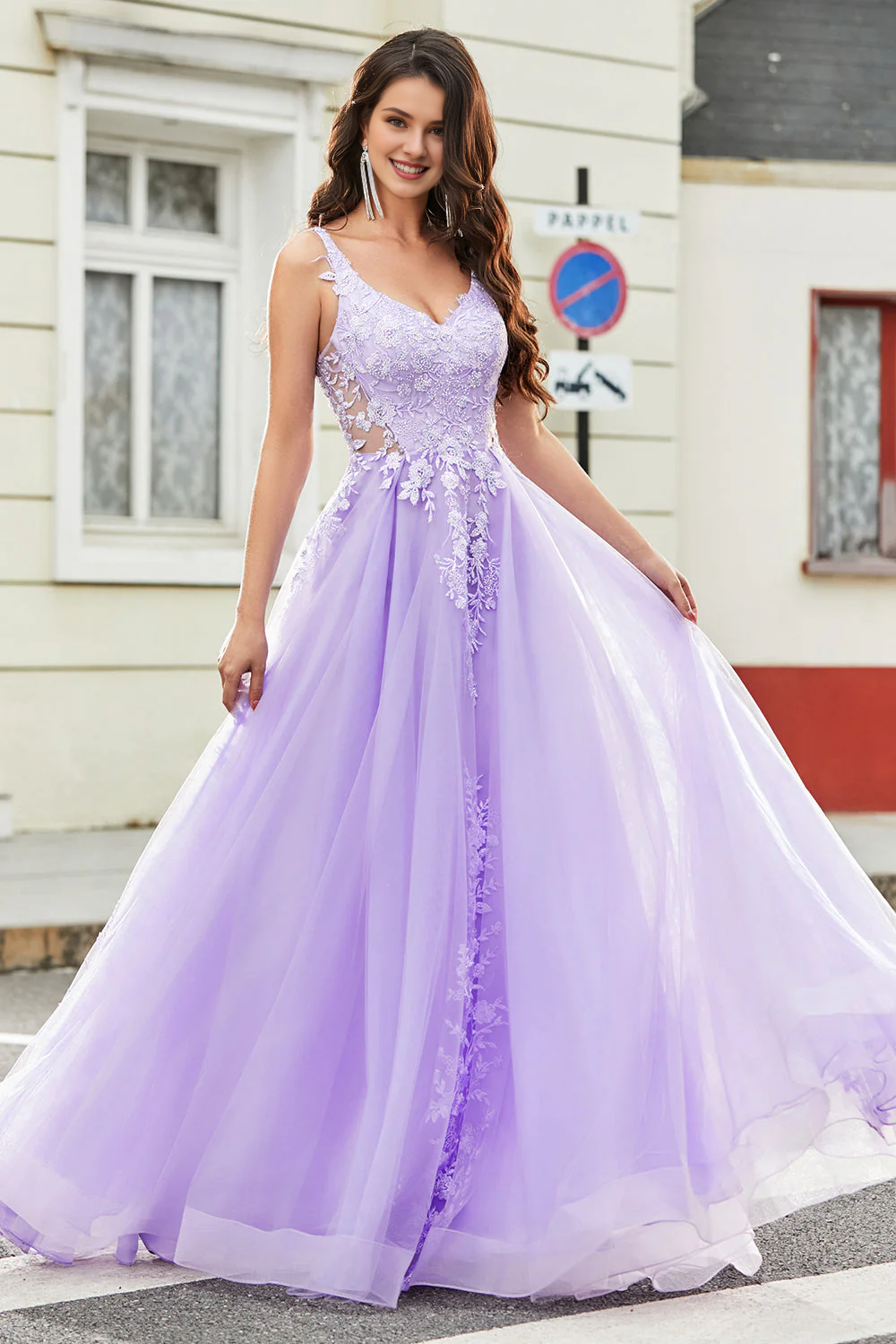 Gorgeous lilac A-line thin shoulder strap sheer long applique dance dress