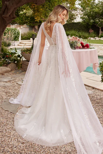 A-line layered chiffon deep V-neck sequined wedding dress