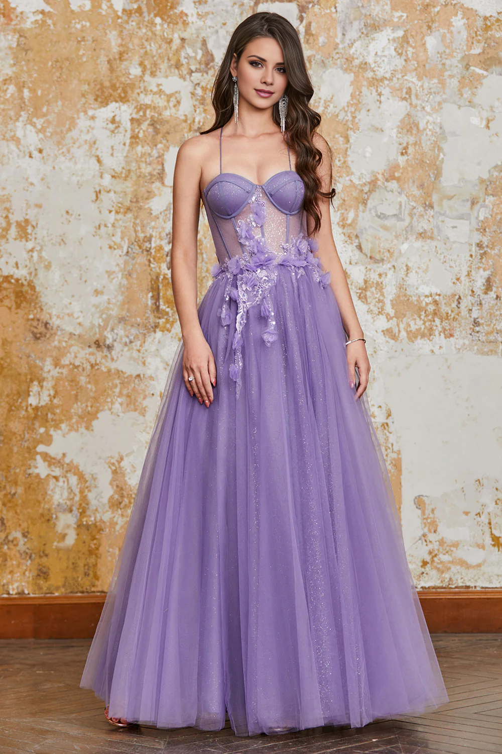 Lila A-Linien-Ballkleid mit schmalen Trägern und 3D-Blumenmuster und engem Korsett