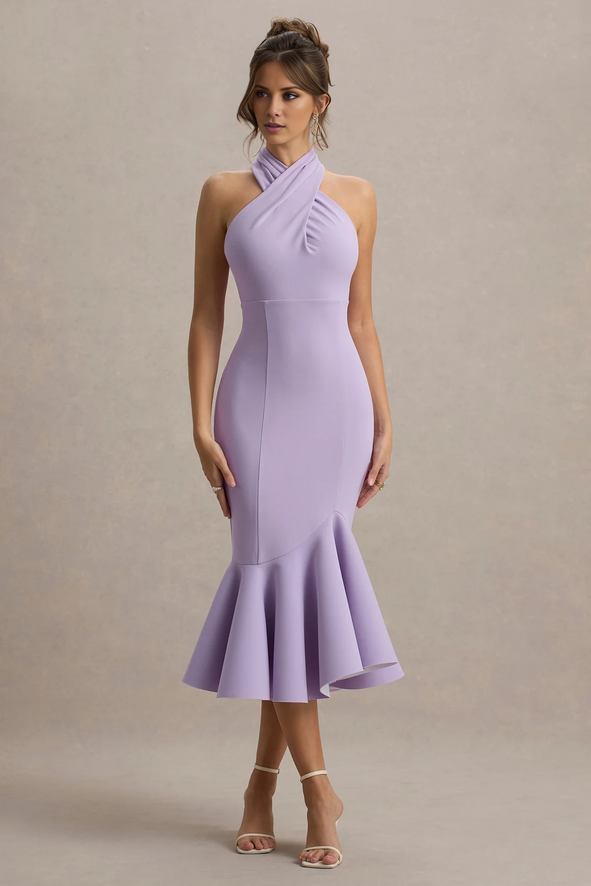 Robe de bal mi-longue sirène Yidibang, décolleté croisé, épaules dénudées, sans manches, dos nu