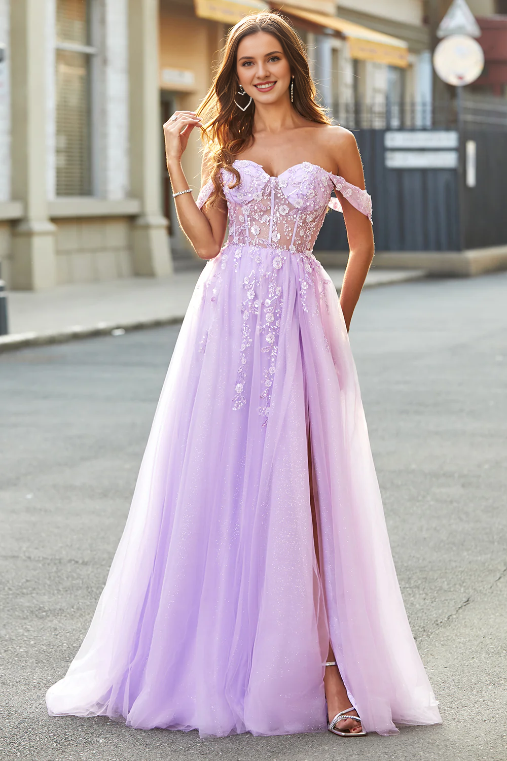 Lilafarbenes, schulterfreies, perlenbesetztes, langes, geschlitztes, enges Korsett-Ballkleid